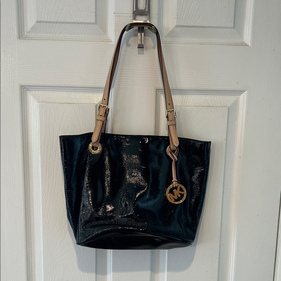 Michael Kors Handbags - Michael Kors Shiny Black Tote with Tan Straps